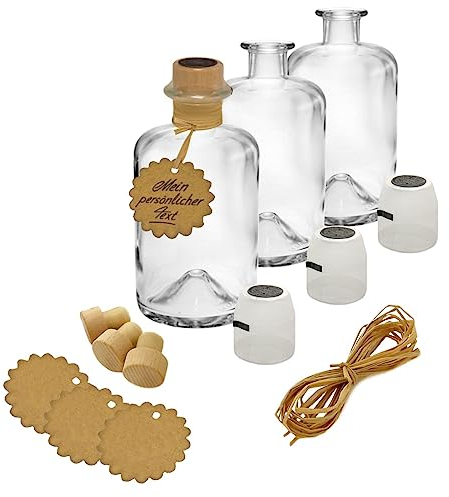 Geniess-Bar! 3x Apothekerflasche 500 ml leer Geschenk Komplettset Apotheker Glas Flaschen Anhänger Kapsel Siegel schwarz Korken Bast zum selbst befüllen