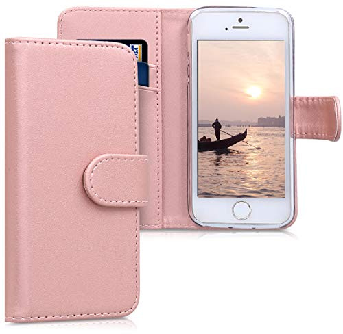 kwmobile Étui à Rabat Compatible avec Apple iPhone SE (1.Gen 2016) / iPhone 5 / iPhone 5S - Coque à Rabat Simili Cuir avec Compartiment Cartes Support Or Rose