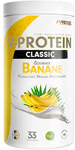 Vegan Protein Pulver BANANE 1kg - V-PROTEIN - Pflanzliches Eiweißpulver auf Erbsenprotein-Basis mit 75,8% Eiweiß-Gehalt - optimale Protein-Wertigkeit - veganer Protein-Shake ohne Soja & Weizen