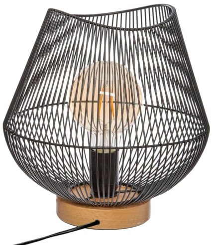 Atmosphera - Lampe à Poser Filaire Jena - Noire - D. 26 x H 28 cm - Fer et Socle Hêtre - Pour Salon, Chambre, Bureau