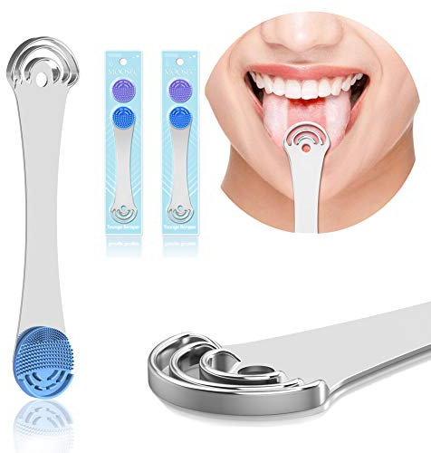Limpiador de Lengua 2 en 1 con Cepillo de Silicona Suave, 100% Stainless Steel Tongue Scraper Tool, 2 pieza
