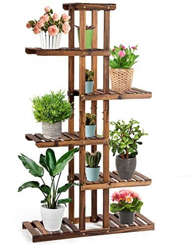 GOPLUS Scaffale Portafiori in Legno, Design Raffinato, in Legno Massiccio, per Interni, Esterni, Giardino (75 x 25 x 140 cm（6 Ripiani）)