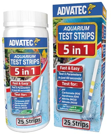 5 in 1 Aquarium Test Strips Kit for Freshwater & Saltwater - Water Fish Tank Tester for pH, Carbonate, General Hardness, Nitrite & Nitrate - 25 Count