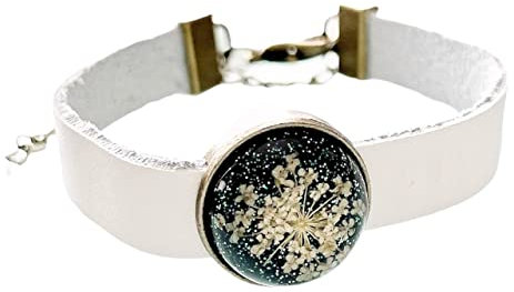 Handmade Leder Armband echte Dillblüte Resin Cabochon weiß verstellbar grün Glitzer