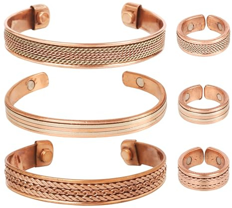 Touchstone en cuivre magnétique forgé à la main avec du fil de fer en spirale tressé Minimaliste 3 bracelets et une bague identique en deux tons pour tous.