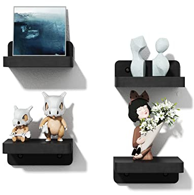 SRIWATANA Kleine Schweberegal Holz 10cm Wandregal Schwarz 4erSet Mini Regal | Modern Dekoration für Schlafzimmer Wohnzimmer Badezimmer Küche