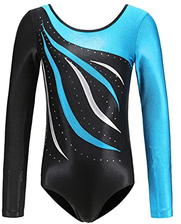 M?dchen Metallic Turnanzug Langarm Gymnastik Tanzbody Gl?nzende Leotard mit Strass Trikot Turnkleidung Tanzkost?m Gymnastikanzug Trikot Kinder Gymnastikbody Gym Kleidung Trikotanzug Himmelblau 8-9J