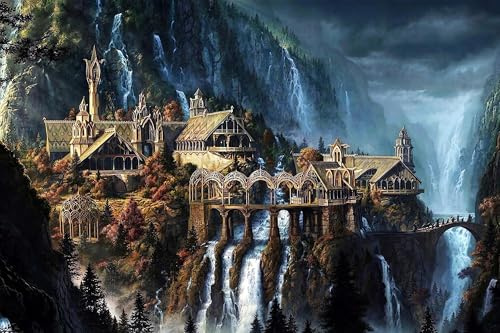 Lord of The Rings 1000 Pieces Puzzle - Waterfall Town Artwork Jigsaw for Adults Family Game