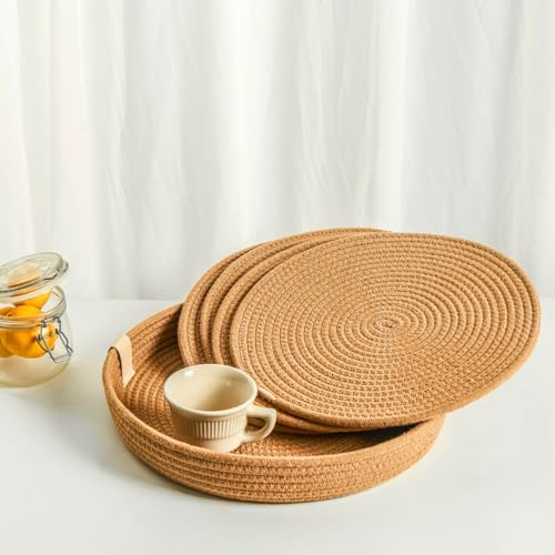 Round Placemats Set of 4, White Placemat-Woven Cotton Rope Chargers for Dinner Plates, Non-Slip, Heat Resistant Table Decor, Boho Farmhouse Kitchen Decor (Caramel, Round)