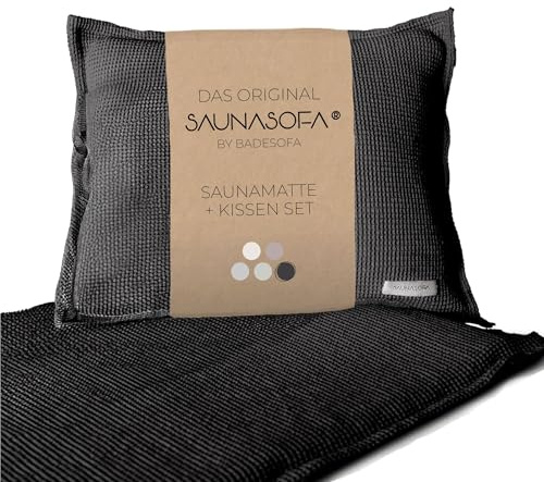 SAUNASOFA™ Sauna Mat & Pillow Set – 3 seater sauna seat cushion and pillow for indoor and outdoor infrared or finnish sauna – luxury sauna gift in charcoal
