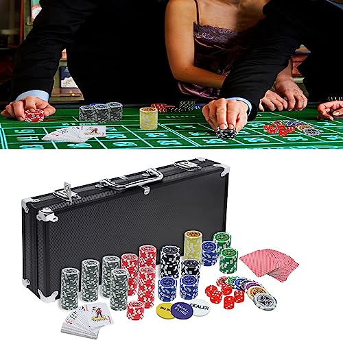 JOIEYOU Pokerkoffer Pokerset mit 500 Laser Pokerchips mit Aluminium Gehäuse, 2X Pokerdecks, 5X Würfel, 3X Dealer Button Pokerkoffer Komplett Set (Schwarz)