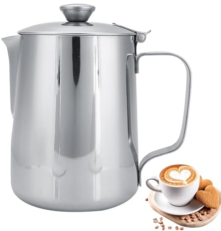 VIFERR Jarra Leche Barista, Jarra para Espumar Leche de Acero Inoxidable Jarras para Espumar leche con Mango de Tapa para Hacer Capuchino/espresso/latte(600ml)
