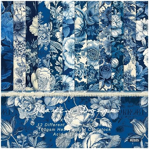 ZAKHSE Motivpapier Blau, Bastelpapier 15,2 x 15,2cm, 48 Blätter Blumenmuster Designpapier Einseitig Bedrucktes Dekoratives Bastelpapier, Gemustert Dekopapier für Bastelarbeiten Karten Gestaltung
