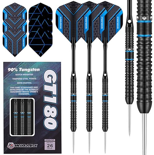 WIN.MAX Dartpfeile mit Metallspitze 90% Tungsten 3 Stück 90% Wolfram Stahl Darts 26 Gramm Dart professionelle Stahlpfeile mit Metallspitzen Schwarz
