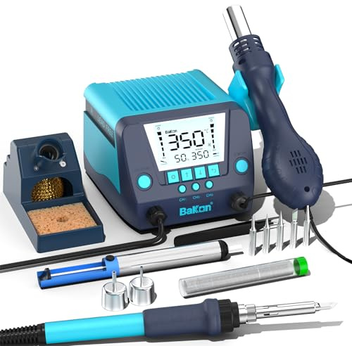 BAKON 882 2-In-1 Digital Soldering Hot Air Rework Station Kit with 3 Preset Channels,Auto Sleep Solder Iron, °C/°F Conversion,Solder Wire, Tips,Tweezers, Nozzles,Solder Sucker