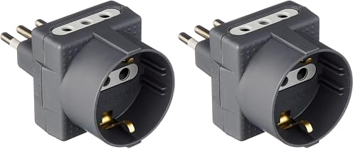 BTicino S3610G Adattatore Tris a 3 Posti, con 1 Presa Schuko polivalente standard tedesco e 2 Prese piccole 10A, 1500 W, 250 V, colore antracite, venduto in blister 90x122 mm (Confezione da 2)