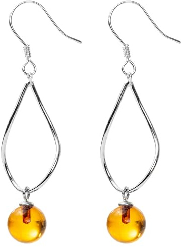 Boucles d'oreilles pendantes en ambre rond de la Baltique véritable pour femme en argent sterling, riche couleur cognac