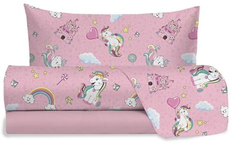 hermet Jolly, Set Lenzuola Letto Singolo Unicorno, 100% Cotone, Lenzuolo Sopra + Lenzuolo con Angoli + Federa, Completo Letto Rosa Cameretta