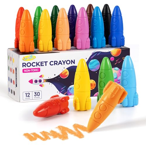 JUPITEARTH 12 Colors Crayons for Toddlers, Non-Toxic Washable Rocket Crayons, Easy-to-Hold Coloring Gifts & Mess-Free Art Supplies for Little Hands