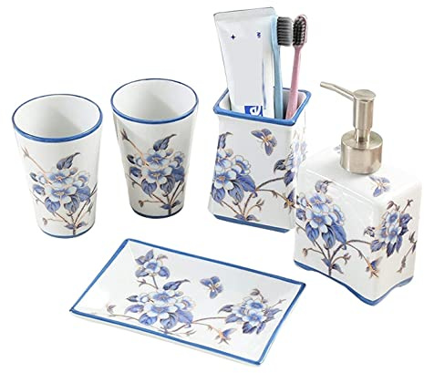Set di Accessori da Bagno in Ceramica Con Fiori Tradizionali Cinesi e Uccelli Blu - Kit Completo per Bagno (Blu)