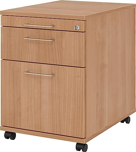 bümö Rollcontainer mit Hängeregistratur, Container abschließbar aus Holz in Nussbaum - Rollwagen für's Büro mit Hängeregister als Schreibtisch Unterschrank od. Bürocontainer m. Bügelgriffe