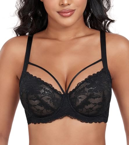 DotVol Damen Große Größen Minimizer BH Durchsichtige Ungepolsterte Spitze Unterwäsche Alltag Bra mit Schnürung(Schwarz, 90F)