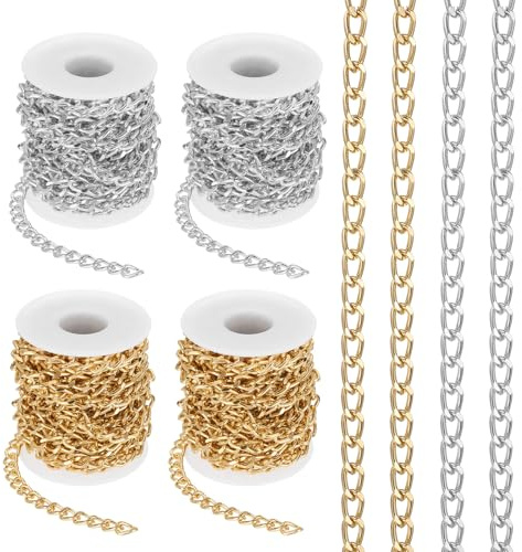 PATIKIL 65.6Ft Aluminium Curb Chains Twisted Links, 4 Rolls 10x7mm Curb Chain Spool Jewelry Making Chains Craft Chain for Necklace Bracelet Earring, Gold/Silver