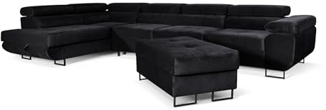 SOFILAND Aller Lang XL Modernes Design Ecksofa mit Schlaffunktion, Bettkasten in Ottomane, Hocker mit Stauraum – Tierfreundlicher Waterproof-Welvet, inkl. 2 runde Kissen, Ottomane Links. (Schwarz)