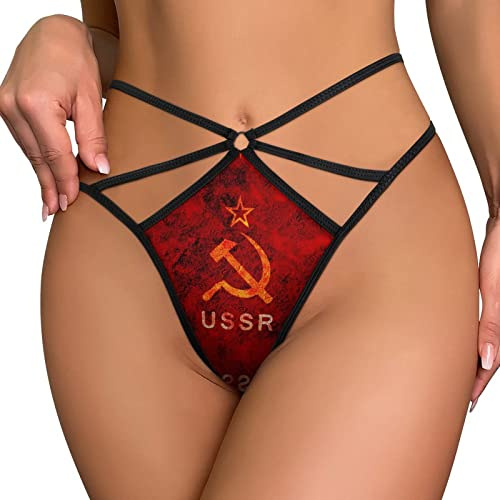FJQWKLF Perizoma con Simbolo dell'URSS, Stella, Martello e Falce, per Donna, Sexy, in Pizzo, Intimo, Mutandine, Slip a T, Perizoma in Rete