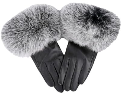 Damen Schaffell Fell Leder Handschuh Winter Warm Natürlich Flauschig Fell Lederhandschuhe Schwarz Frost M, Black Frost, 38