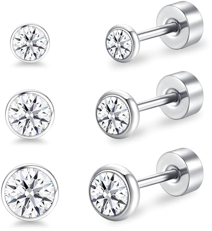 Artskin Damen Ohrstecker Titan Mädchen Frauen Flatback Ohrringe Hypoallergen Kristall Herren Ohrringe Silber Knorpel Ohrring 3mm/4mm/5mm