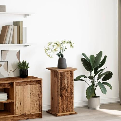 Homgoday Postament mit Stauraum Dekoständer Blumenständer Blumensäule Gartensäule Pflanzsäule Pflanzenständer Altholz-Optik 31x30x60 cm Holzwerkstoff