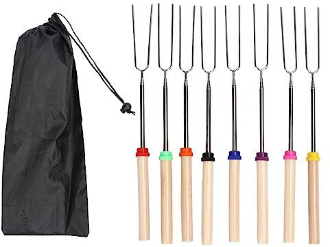 RiToEasysports Kit Bastoncini di Marshmallow, 8 Pezzi Bastoncini per Arrosti Allungabili Telescopici Che Estendono Smores Spiedini Forchette per Hot Dog con Borsa di Tela per Braciere da