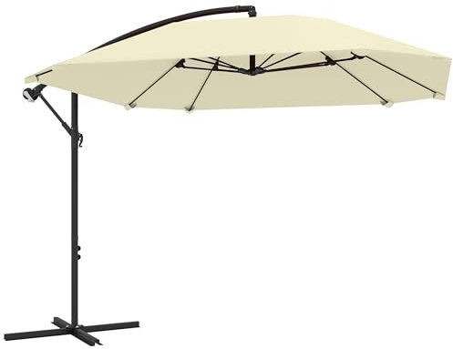 Outsunny Ombrellone Decentrato 2.6x2.6 m con Prese d'Aria, 8 Stecche, Base a Croce e Manovella, Ombrellone da Giardino Inclinabile e Girevole a 360° in Metallo e Poliestere 180 g/㎡, Crema