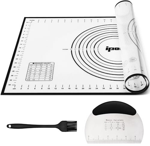 IPOW Set de 3 Tapis de Cuisson, 65x40 cm Tapis Antiadhésif pour Pâtisserie avec Raclette et Pinceau, Épais et Gradués pour Cookies, Pain et Pâtisseries (14 x 24) - Noir