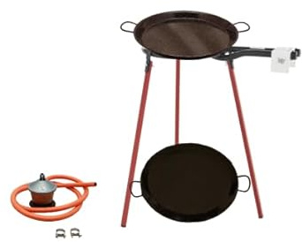 FERRETERIA LEPANTO Kit Paellero, Quemador a Gas butano, paellera acero pulido, regulador de Gas + 1,5 metros de Manguera, soporte de 3 Patas Resistentes (Esmaltada, 50 CM)