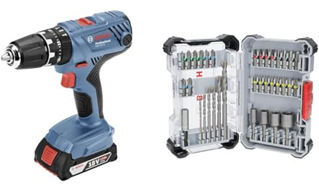 Bosch Professional 18V System Akku Schlagbohrschrauber GSB 18V-21 (inkl. 2x 2.0Ah Akku, Schnellladegerät) + 35x Extra Hard Schrauberbit‑ und CYL-3 Bohrer-Set (197 x 110,5 mm)