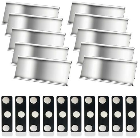 ZIJANG 10 Pièces Nominatifs en Aluminium, 7,2 × 3,2cm Aimants Doubles Porte-Noms Magnétiques, Badge en Aluminium Contient 10 paires D'attaches Magnétiques Noires