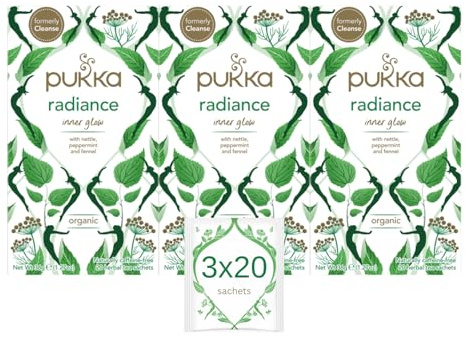 Pukka Herbs | Radiance Organic Herbal Tea Box | Fennel, Aloe Vera, Peppermint, Dandelion and Nettle Tea | Perfect For An Inner Glow | Caffeine Free | 3 Packs | 60 Plant Based Biodegradable Tea Bags