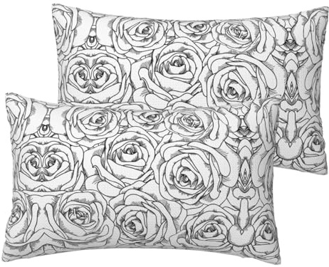 ESNAIUVCD Federa per cuscino rettangolare con stampa di rose bianche e nere, double face, traspirante, per hotel, casa, letto, decorazione (2 pezzi)