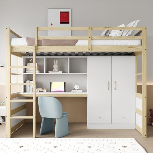 FAYICIC Letto a soppalco 90 x 200 cm – Con scaletta, scrivania con vani contenitore, armadio e cassetti – Letto per bambini/Letto per ragazzi/Letto singolo (I)