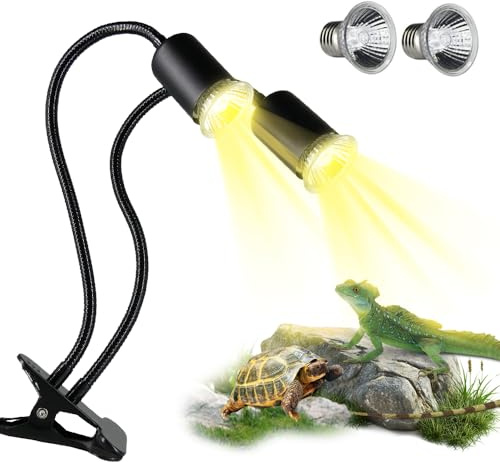 Rppiup Doppelende Wärmelampe Schildkröten, Reptilien Wärmelampe mit Zyklustimer, 2 Stück E27 UVB/UVA Wärmelampes 50W, 360°Schwenkklemme Clip, Terrarium Warmelamp für Reptilien, Vögel