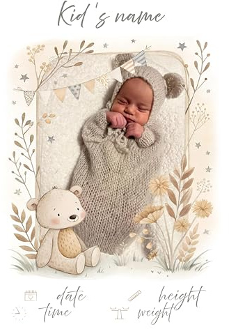 Ferocity Personalisierte Baby Geburtsdatendecke mit Namen & Foto 80x120 cm | Weiche Minky Kuscheldecke für Neugeborene, Jungen & Madchen | Baby Decke mit Bären | Geschenk zur Taufe & Geburt [081]