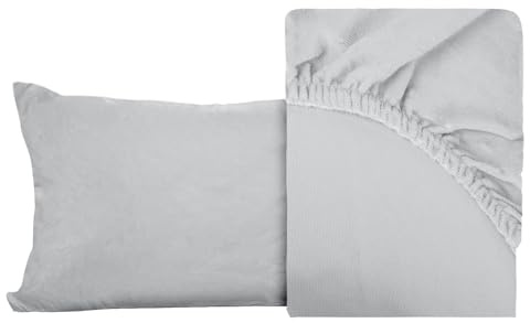 BESCH Sábanas Bajeras Térmica Terciopelo de Cristal Ajustable de 2 Piezas 90x200+25cm + 1 Funda Almohada de 45x110cm - Bajera Pólar Felpa, Súper Suave y Acogedora (Gris Claro, Cama 90)
