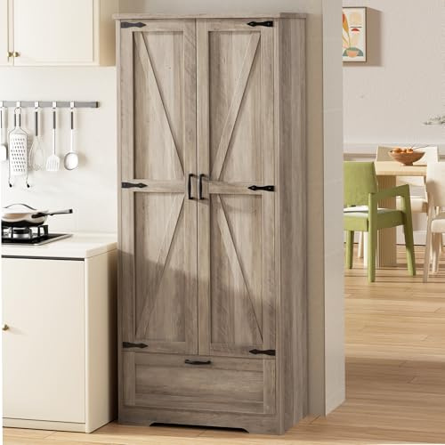 Shintenchi Kitchen Pantry Cabinet, Freestanding Farmhouse Storage Cabinet with 4 Shelves and 1 Drawer, Tall Cupboard for Kitchen, Living Room, Dining Room and Bathroom, Ash Gray