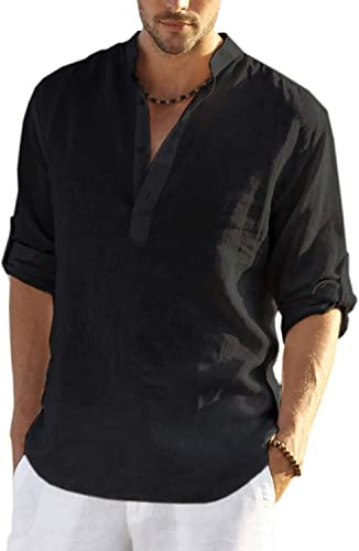 COOFANDY Chemise en Lin Henley à Manches Longues pour Homme d'été en Coton Col décontractée Chemise