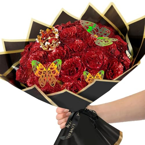HhBdy 24 pezzi Rose Glitterate, Rose Finte Realistico Rosa Stabilizzata con Corona Fiori Finti Glitterati Fai da Te Bouquet Fiori Finti per San Valentino Anniversario Compleanno Matrimonio (Rosso)