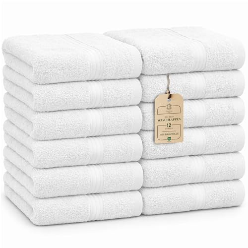 HomeBurg Luxe set med 12 tvättlappar – 100% bomull, mjuka och absorberande, lättskötta, premium för ansikte, 30×30 cm, Vit