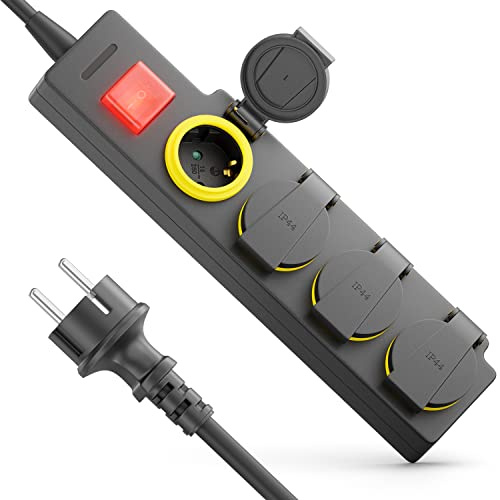 deleyCON 4 Compartiments Extérieur Multiprise avec Câble 10m pour Usage Extérieur 4X Prises de Contact de Protection IP44 Résistant AUX Éclaboussures Bouton on/Off Jardin Terrasse Balcon Garage