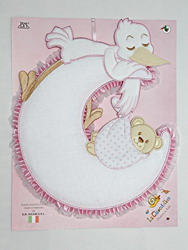 FIOCCO NASCITA LUNA-CICOGNA, color Rosa, non da ricamare, prodotto artigianale italiano.